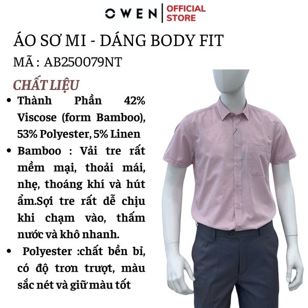 Áo sơ mi nam tay ngắn Owen AB250079NT màu hồng nhạt dáng suông body fit tà bằng có túi chất liệu Bambo linen
