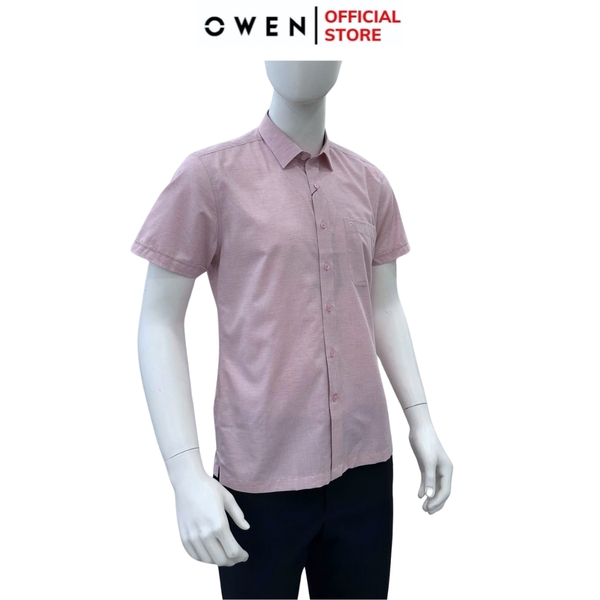 Áo sơ mi nam tay ngắn Owen AB250079NT màu hồng nhạt dáng suông body fit tà bằng có túi chất liệu Bambo linen