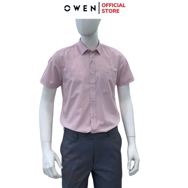 Áo sơ mi nam tay ngắn Owen AB250079NT màu hồng nhạt dáng suông body fit tà bằng có túi chất liệu Bambo linen