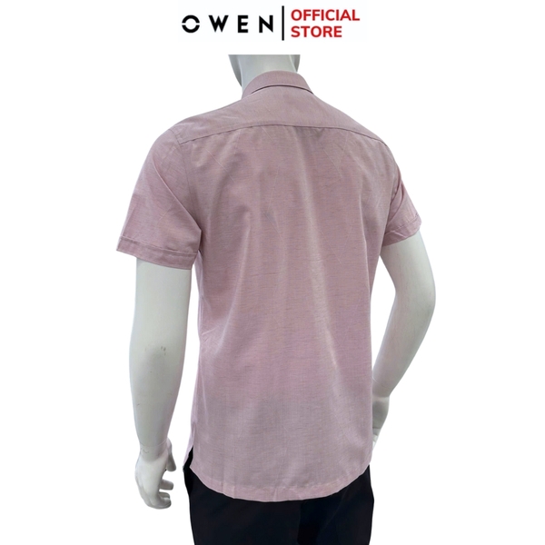 Áo sơ mi nam tay ngắn Owen AB250079NT màu hồng nhạt dáng suông body fit tà bằng có túi chất liệu Bambo linen