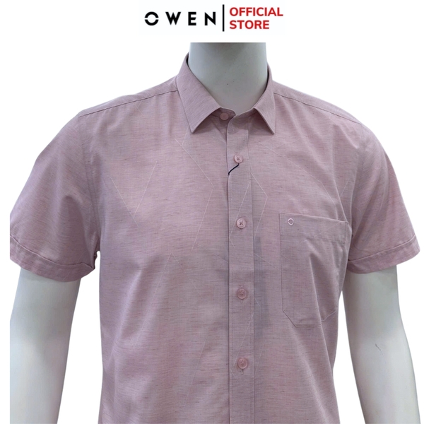 Áo sơ mi nam tay ngắn Owen AB250079NT màu hồng nhạt dáng suông body fit tà bằng có túi chất liệu Bambo linen
