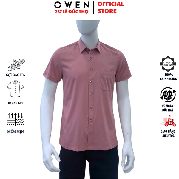 Áo Sơ Mi Nam Tay Ngắn Owen AB250083NT màu hồng đậm trơn dáng suông body fit tà bằng có túi chất liệu bạc hà sợi tre