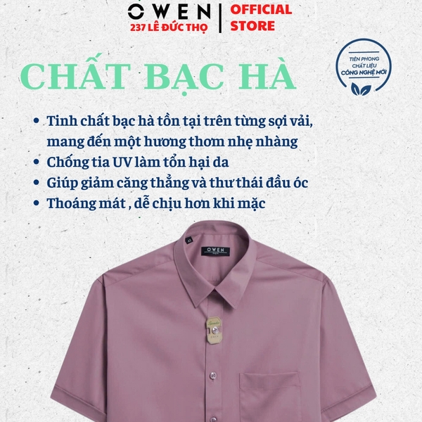 Áo Sơ Mi Nam Tay Ngắn Owen AB250083NT màu hồng đậm trơn dáng suông body fit tà bằng có túi chất liệu bạc hà sợi tre
