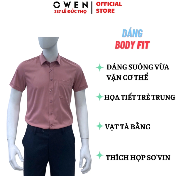 Áo Sơ Mi Nam Tay Ngắn Owen AB250083NT màu hồng đậm trơn dáng suông body fit tà bằng có túi chất liệu bạc hà sợi tre