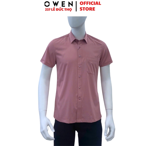 Áo Sơ Mi Nam Tay Ngắn Owen AB250083NT màu hồng đậm trơn dáng suông body fit tà bằng có túi chất liệu bạc hà sợi tre