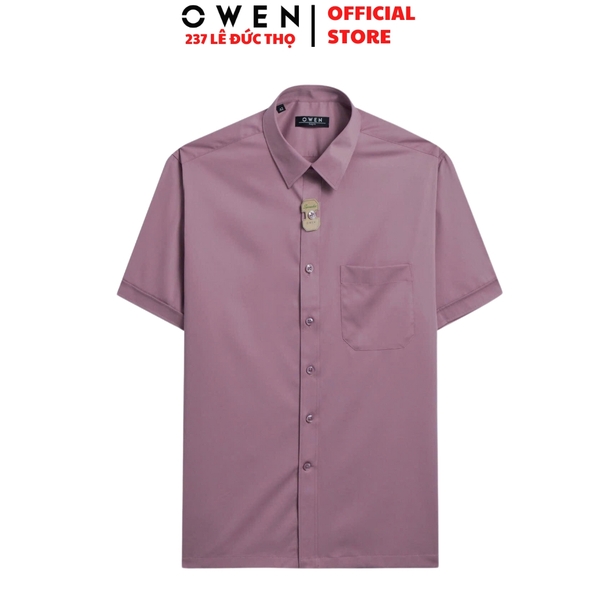 Áo Sơ Mi Nam Tay Ngắn Owen AB250083NT màu hồng đậm trơn dáng suông body fit tà bằng có túi chất liệu bạc hà sợi tre