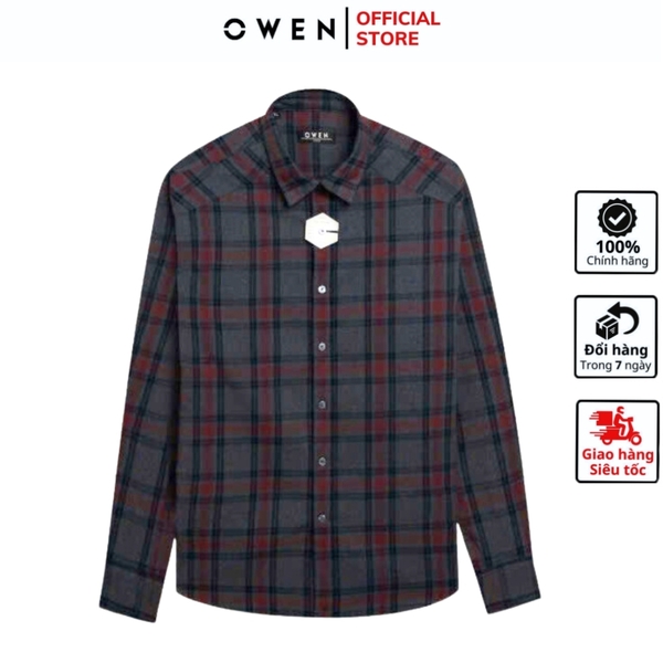 Áo Sơ Mi Nam Tay Dài Owen AJ240630D màu xám đậm kẻ caro đỏ Dáng J - form suông rộng tà lượn không túi ngực chất liệu Café Charcoal dày dặn