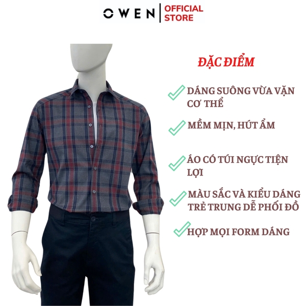 Áo Sơ Mi Nam Tay Dài Owen AJ240630D màu xám đậm kẻ caro đỏ Dáng J - form suông rộng tà lượn không túi ngực chất liệu Café Charcoal dày dặn