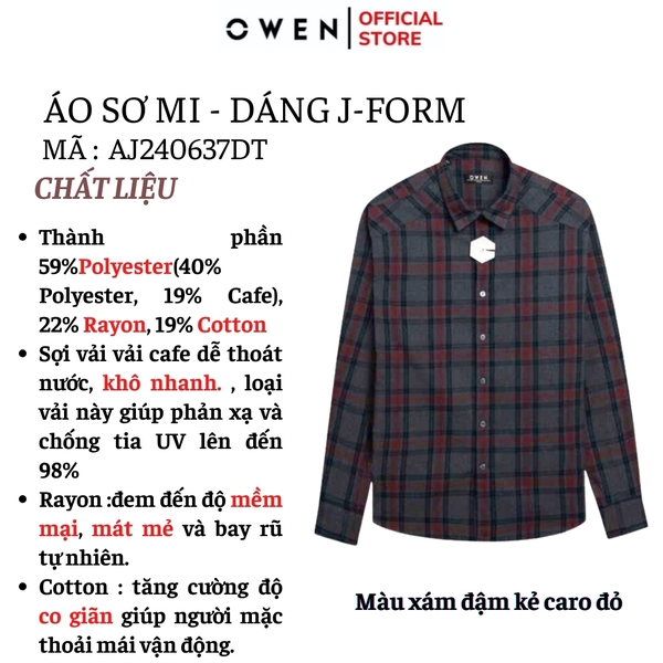 Áo Sơ Mi Nam Tay Dài Owen AJ240630D màu xám đậm kẻ caro đỏ Dáng J - form suông rộng tà lượn không túi ngực chất liệu Café Charcoal dày dặn