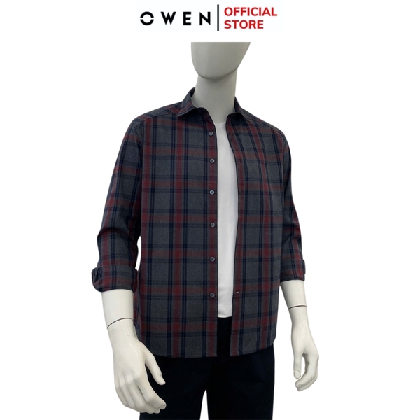 Áo Sơ Mi Nam Tay Dài Owen AJ240630D màu xám đậm kẻ caro đỏ Dáng J - form suông rộng tà lượn không túi ngực chất liệu Café Charcoal dày dặn