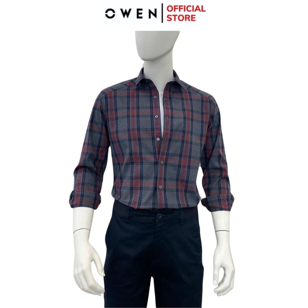 Áo Sơ Mi Nam Tay Dài Owen AJ240630D màu xám đậm kẻ caro đỏ Dáng J - form suông rộng tà lượn không túi ngực chất liệu Café Charcoal dày dặn