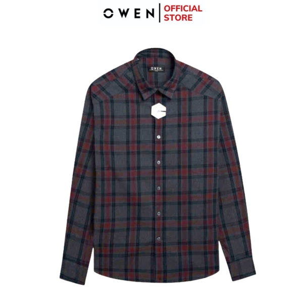 Áo Sơ Mi Nam Tay Dài Owen AJ240630D màu xám đậm kẻ caro đỏ Dáng J - form suông rộng tà lượn không túi ngực chất liệu Café Charcoal dày dặn