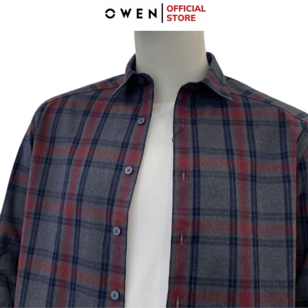Áo Sơ Mi Nam Tay Dài Owen AJ240630D màu xám đậm kẻ caro đỏ Dáng J - form suông rộng tà lượn không túi ngực chất liệu Café Charcoal dày dặn