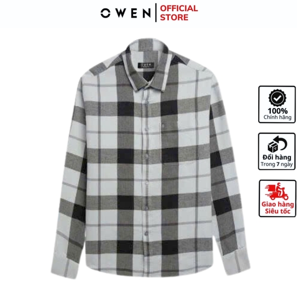 Áo Sơ Mi Nam Tay Dài Owen AJ240722DT màu xám kẻ caro Dáng J - form suông rộng tà lượn có túi ngực Chất liệu CVC dày dặn