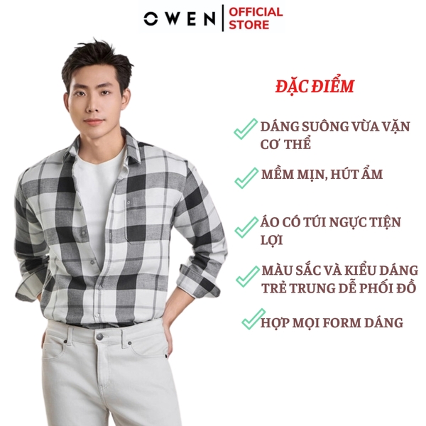 Áo Sơ Mi Nam Tay Dài Owen AJ240722DT màu xám kẻ caro Dáng J - form suông rộng tà lượn có túi ngực Chất liệu CVC dày dặn