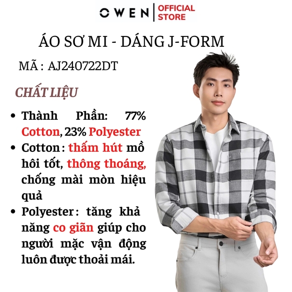 Áo Sơ Mi Nam Tay Dài Owen AJ240722DT màu xám kẻ caro Dáng J - form suông rộng tà lượn có túi ngực Chất liệu CVC dày dặn