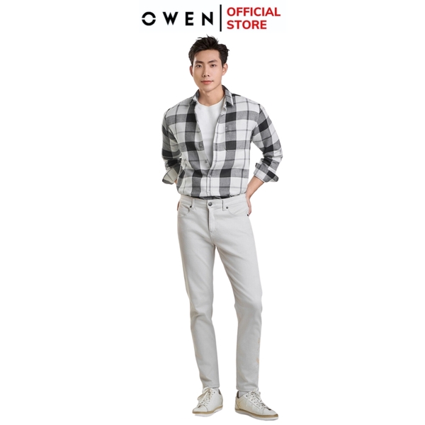 Áo Sơ Mi Nam Tay Dài Owen AJ240722DT màu xám kẻ caro Dáng J - form suông rộng tà lượn có túi ngực Chất liệu CVC dày dặn