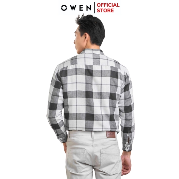 Áo Sơ Mi Nam Tay Dài Owen AJ240722DT màu xám kẻ caro Dáng J - form suông rộng tà lượn có túi ngực Chất liệu CVC dày dặn