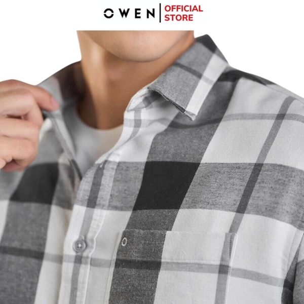 Áo Sơ Mi Nam Tay Dài Owen AJ240722DT màu xám kẻ caro Dáng J - form suông rộng tà lượn có túi ngực Chất liệu CVC dày dặn