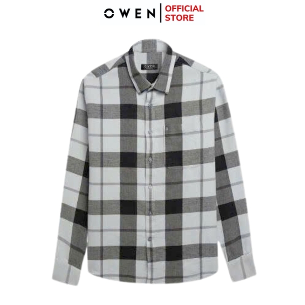 Áo Sơ Mi Nam Tay Dài Owen AJ240722DT màu xám kẻ caro Dáng J - form suông rộng tà lượn có túi ngực Chất liệu CVC dày dặn