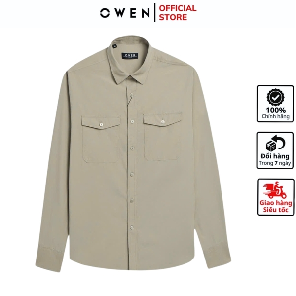 Áo Sơ Mi Nam Tay Dài Owen AJ240726DT màu be trơn Dáng J - form suông rộng tà lượn 2 túi ngực có nắp Chất liệu Rayon dày dặn