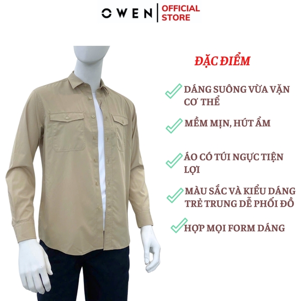 Áo Sơ Mi Nam Tay Dài Owen AJ240726DT màu be trơn Dáng J - form suông rộng tà lượn 2 túi ngực có nắp Chất liệu Rayon dày dặn