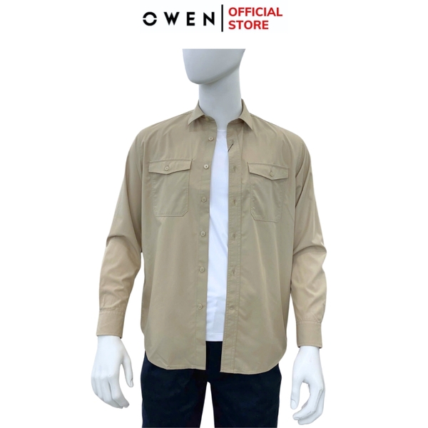 Áo Sơ Mi Nam Tay Dài Owen AJ240726DT màu be trơn Dáng J - form suông rộng tà lượn 2 túi ngực có nắp Chất liệu Rayon dày dặn