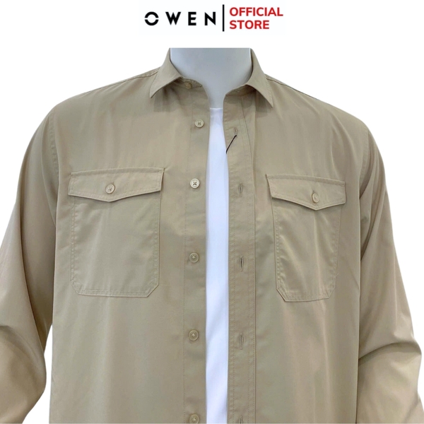 Áo Sơ Mi Nam Tay Dài Owen AJ240726DT màu be trơn Dáng J - form suông rộng tà lượn 2 túi ngực có nắp Chất liệu Rayon dày dặn
