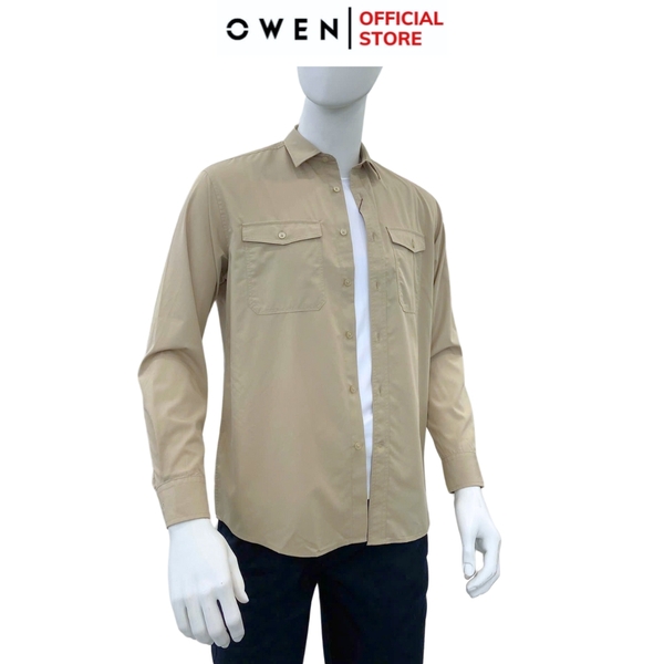 Áo Sơ Mi Nam Tay Dài Owen AJ240726DT màu be trơn Dáng J - form suông rộng tà lượn 2 túi ngực có nắp Chất liệu Rayon dày dặn