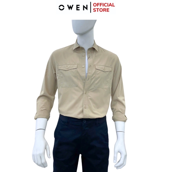 Áo Sơ Mi Nam Tay Dài Owen AJ240726DT màu be trơn Dáng J - form suông rộng tà lượn 2 túi ngực có nắp Chất liệu Rayon dày dặn