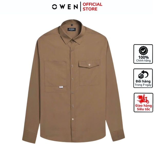 Áo Sơ Mi Nam Tay Dài Owen AJ240727DT màu nâu trơn Dáng J - form suông rộng tà lượn 2 túi ngực có nắp Chất liệu Rayon dày dặn