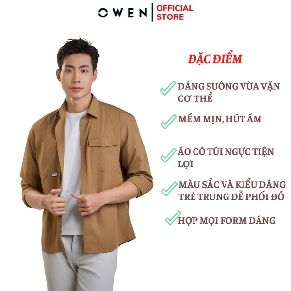 Áo Sơ Mi Nam Tay Dài Owen AJ240727DT màu nâu trơn Dáng J - form suông rộng tà lượn 2 túi ngực có nắp Chất liệu Rayon dày dặn