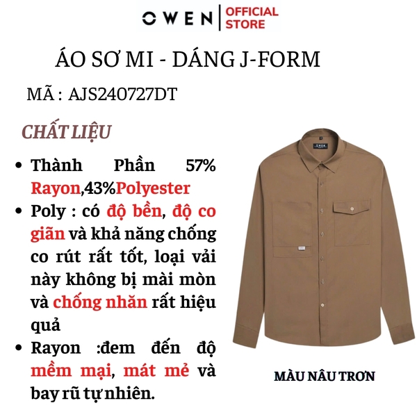 Áo Sơ Mi Nam Tay Dài Owen AJ240727DT màu nâu trơn Dáng J - form suông rộng tà lượn 2 túi ngực có nắp Chất liệu Rayon dày dặn