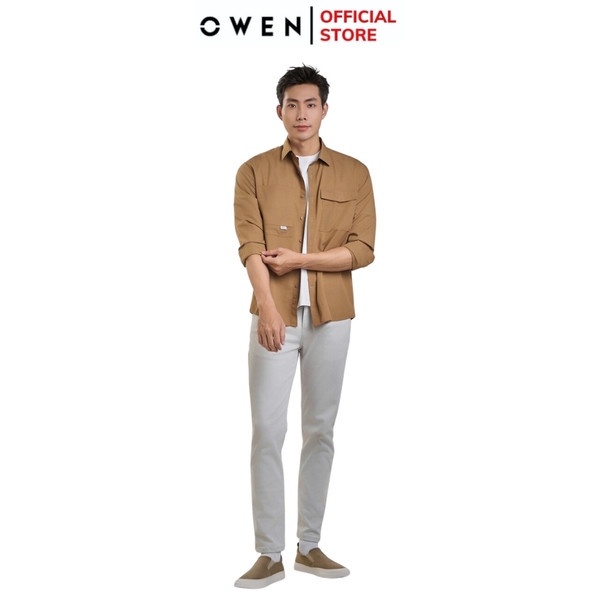 Áo Sơ Mi Nam Tay Dài Owen AJ240727DT màu nâu trơn Dáng J - form suông rộng tà lượn 2 túi ngực có nắp Chất liệu Rayon dày dặn
