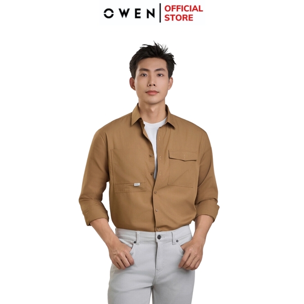 Áo Sơ Mi Nam Tay Dài Owen AJ240727DT màu nâu trơn Dáng J - form suông rộng tà lượn 2 túi ngực có nắp Chất liệu Rayon dày dặn