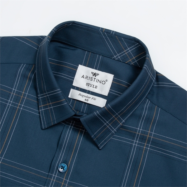 Áo Sơ Mi Nam Dài Tay Aristino ALS10203 màu Xanh kẻ trắng chất liệu sợi tre dáng regular fit có túi ngực