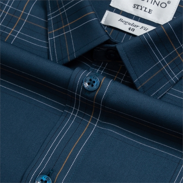Áo Sơ Mi Nam Dài Tay Aristino ALS10203 màu Xanh kẻ trắng chất liệu sợi tre dáng regular fit có túi ngực