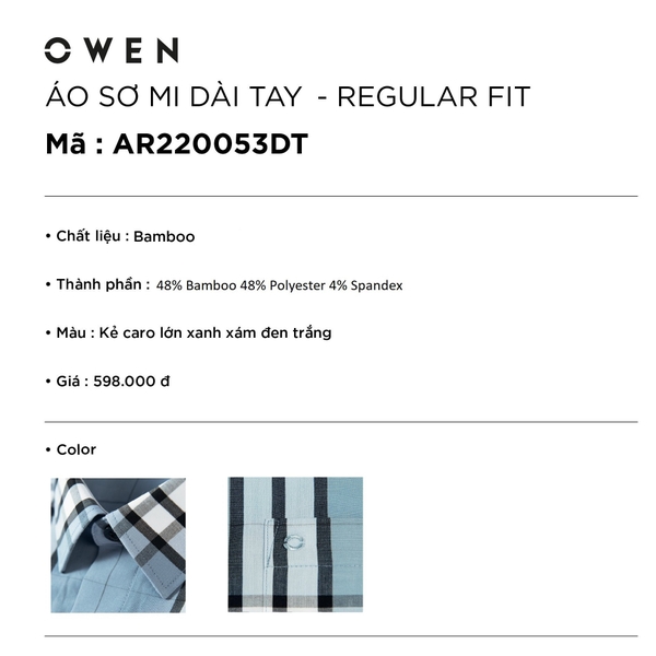 Áo Sơ Mi Nam Tay Dài Owen AR220053DT Màu Kẻ Caro Lớn Xanh Xám Đen Trắng Dáng Regular Fit Tà Lượn Có Túi Chất Vải Sợi Tre