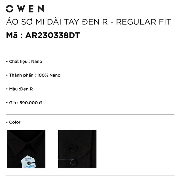 Áo Sơ Mi Nam Tay Dài Owen AR220220DT (AR230338DT) màu đen trơn dáng regular fit tà lượn có túi vải Nano