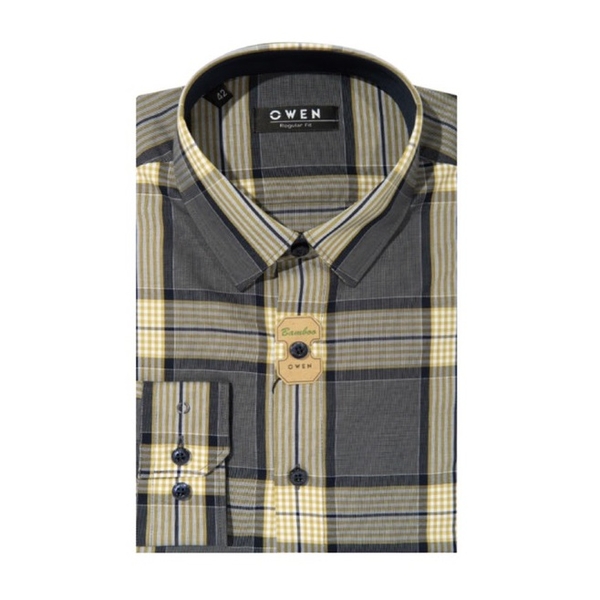 Áo Sơ Mi Nam Tay Dài Owen AR220884DT Màu kẻ caro navy rêu trắng Dáng Regular Fit Tà Lượn Có Túi Vải Sợi Tre
