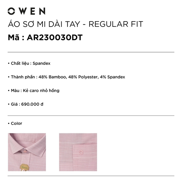 Áo Sơ Mi Nam Tay Dài Owen AR230030DT màu kẻ caro nhỏ hồng dáng regular fit tà lượn có túi vải sợi tre