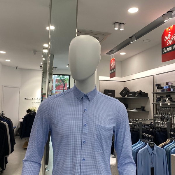 Áo Sơ Mi Nam Tay Dài Owen AR230515DT màu kẻ caro xanh trắng dáng regular fit tà lượn có túi chất liệu Nylon