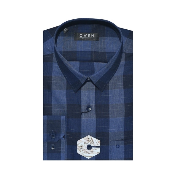 Áo Sơ Mi Nam Tay Dài Owen AR23391D Màu Xanh Navy Đậm Kẻ Caro To Dáng Regular Fit Có Túi Chất Liệu Sợi Bạch Đàn