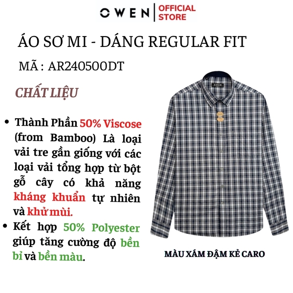 Áo Sơ Mi Nam Tay Dài Owen AR240500DT màu xám đậm kẻ caro dáng suông regular fit tà lượn có túi chất liệu bambo poly