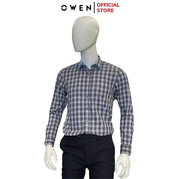 Áo Sơ Mi Nam Tay Dài Owen AR240500DT màu xám đậm kẻ caro dáng suông regular fit tà lượn có túi chất liệu bambo poly