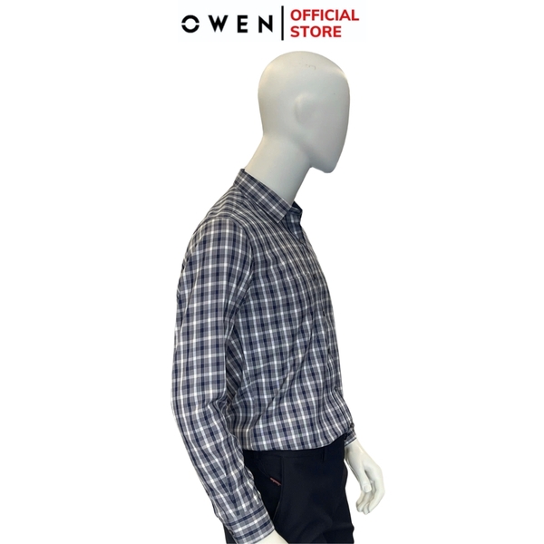 Áo Sơ Mi Nam Tay Dài Owen AR240500DT màu xám đậm kẻ caro dáng suông regular fit tà lượn có túi chất liệu bambo poly