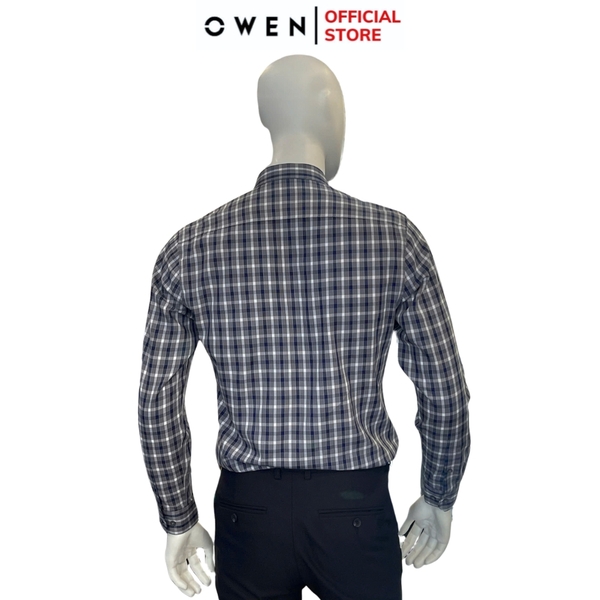 Áo Sơ Mi Nam Tay Dài Owen AR240500DT màu xám đậm kẻ caro dáng suông regular fit tà lượn có túi chất liệu bambo poly