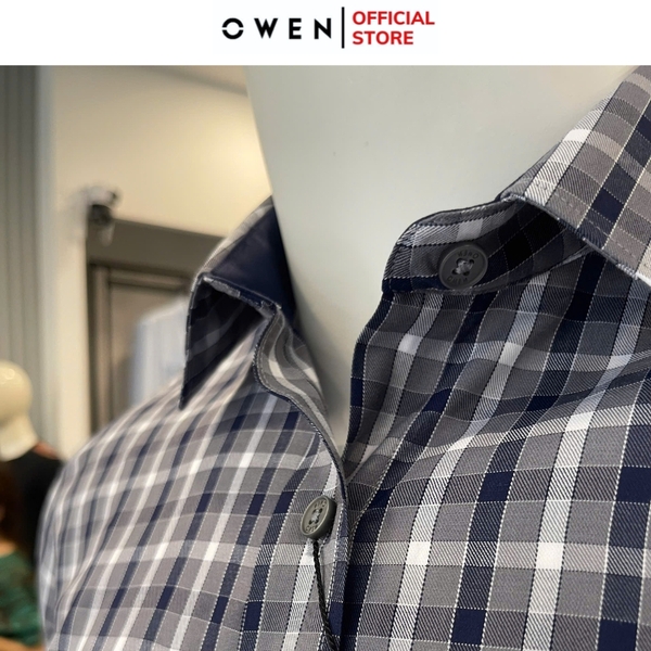 Áo Sơ Mi Nam Tay Dài Owen AR240500DT màu xám đậm kẻ caro dáng suông regular fit tà lượn có túi chất liệu bambo poly