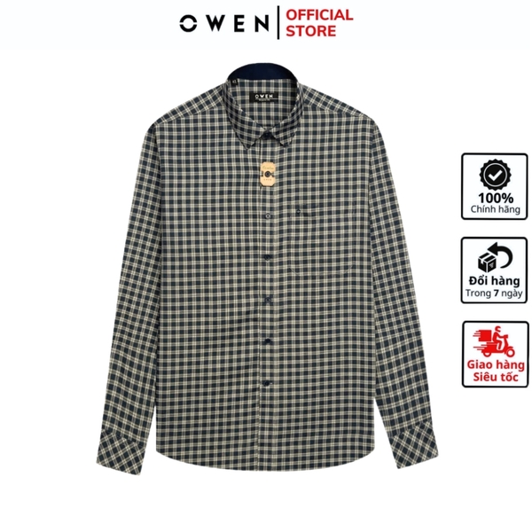 Áo Sơ Mi Nam Tay Dài Owen AR240504DT màu xanh tím than kẻ caro dáng suông regular fit tà lượn có túi chất liệu bambo poly