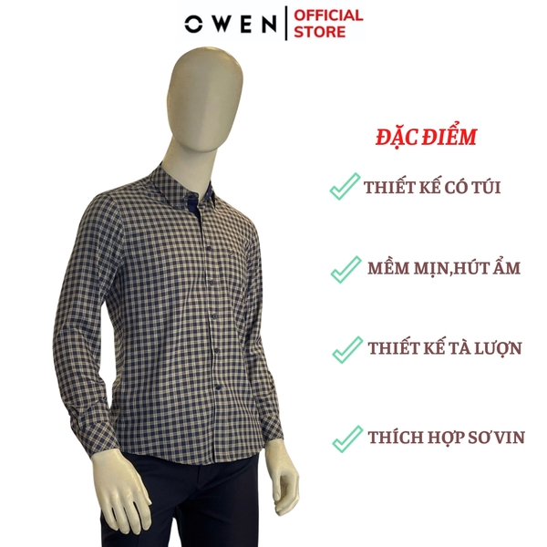 Áo Sơ Mi Nam Tay Dài Owen AR240504DT màu xanh tím than kẻ caro dáng suông regular fit tà lượn có túi chất liệu bambo poly